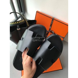 Hermes Summer Simple Leather Slippers For Men Black