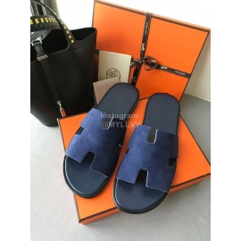 Hermes Simple Summer Leather Slippers For Men Blue