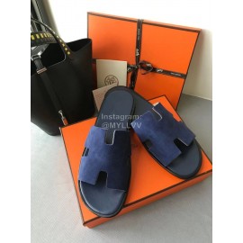 Hermes Simple Summer Leather Slippers For Men Blue