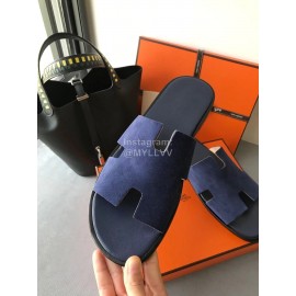 Hermes Simple Summer Leather Slippers For Men Blue