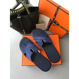 Hermes Simple Summer Leather Slippers For Men Blue