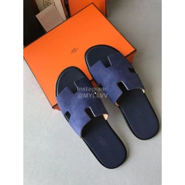 Hermes Simple Summer Leather Slippers For Men Blue