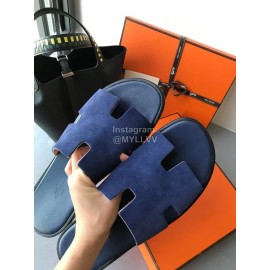 Hermes Simple Summer Leather Slippers For Men Blue