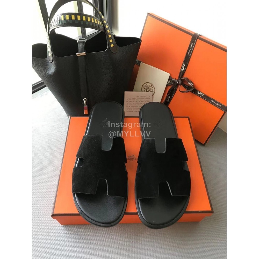 Hermes Simple Summer Leather Slippers For Men Black