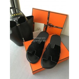 Hermes Simple Summer Leather Slippers For Men Black