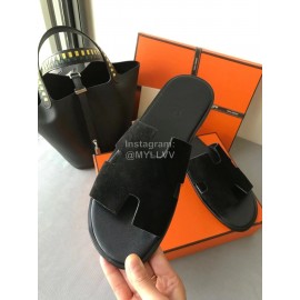 Hermes Simple Summer Leather Slippers For Men Black