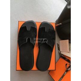 Hermes Simple Summer Leather Slippers For Men Black
