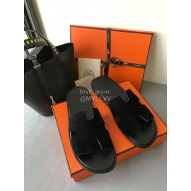 Hermes Simple Summer Leather Slippers For Men Black