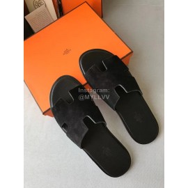 Hermes Simple Summer Leather Slippers For Men Black