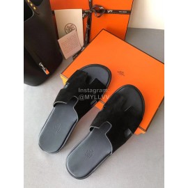 Hermes Simple Summer Leather Slippers For Men Black