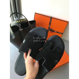 Hermes Simple Summer Leather Slippers For Men Black