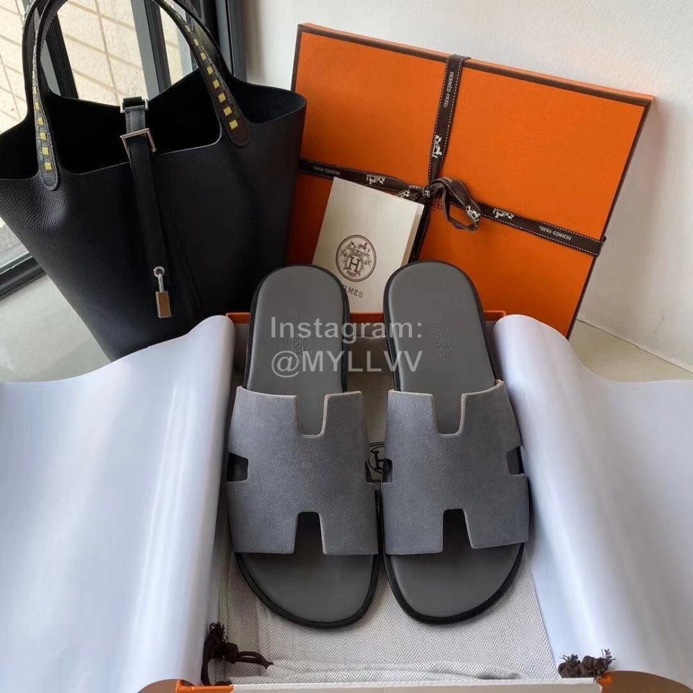 Hermes Simple Summer Leather Slippers For Men Gray