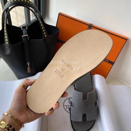 Hermes Simple Summer Leather Slippers For Men Gray