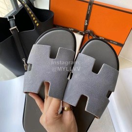 Hermes Simple Summer Leather Slippers For Men Gray