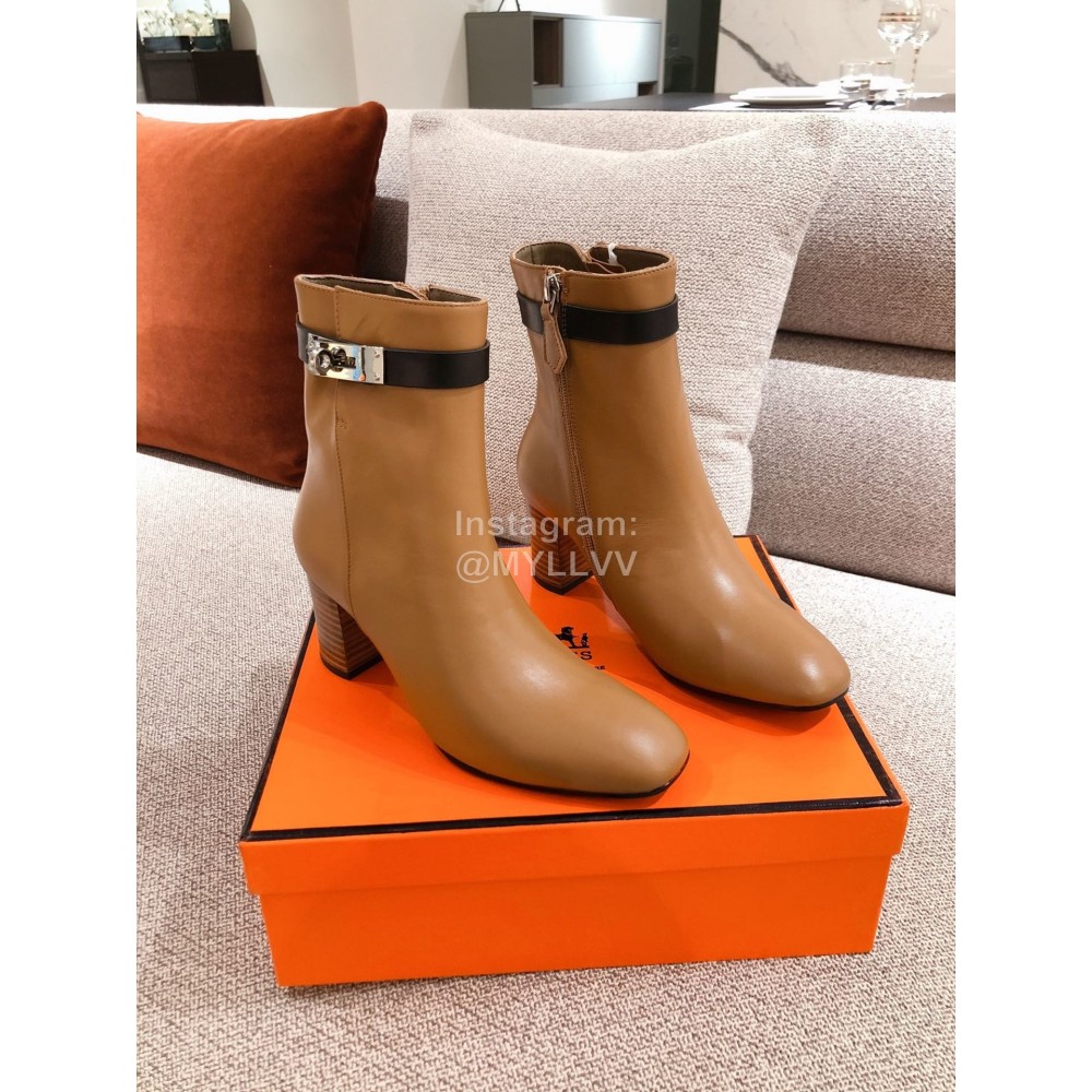 Hermes Autumn Winter High Heeled Short Boots Brown