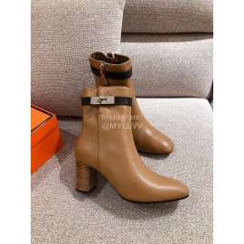 Hermes Autumn Winter High Heeled Short Boots Brown