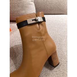Hermes Autumn Winter High Heeled Short Boots Brown