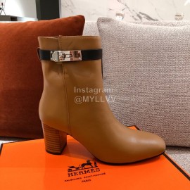 Hermes Autumn Winter High Heeled Short Boots Brown