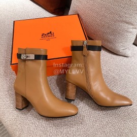 Hermes Autumn Winter High Heeled Short Boots Brown