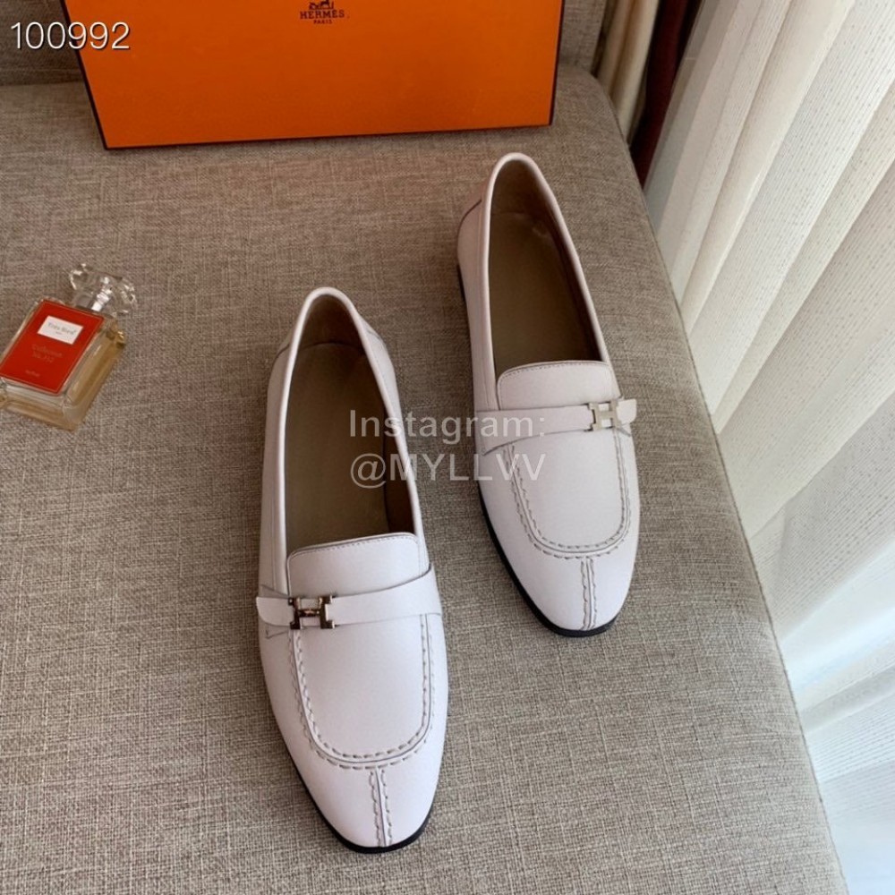 Hermes  Calf Leather Flat Heel Shoes For Women White