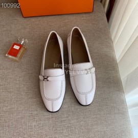 Hermes  Calf Leather Flat Heel Shoes For Women White
