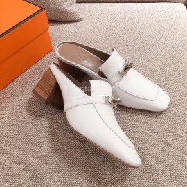 Hermes Autumn Winter Leather Muller High Heel Shoes White