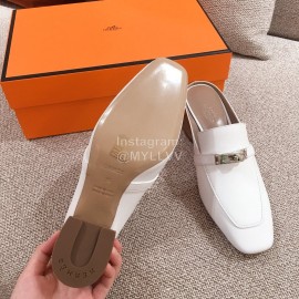 Hermes Autumn Winter Leather Muller High Heel Shoes White