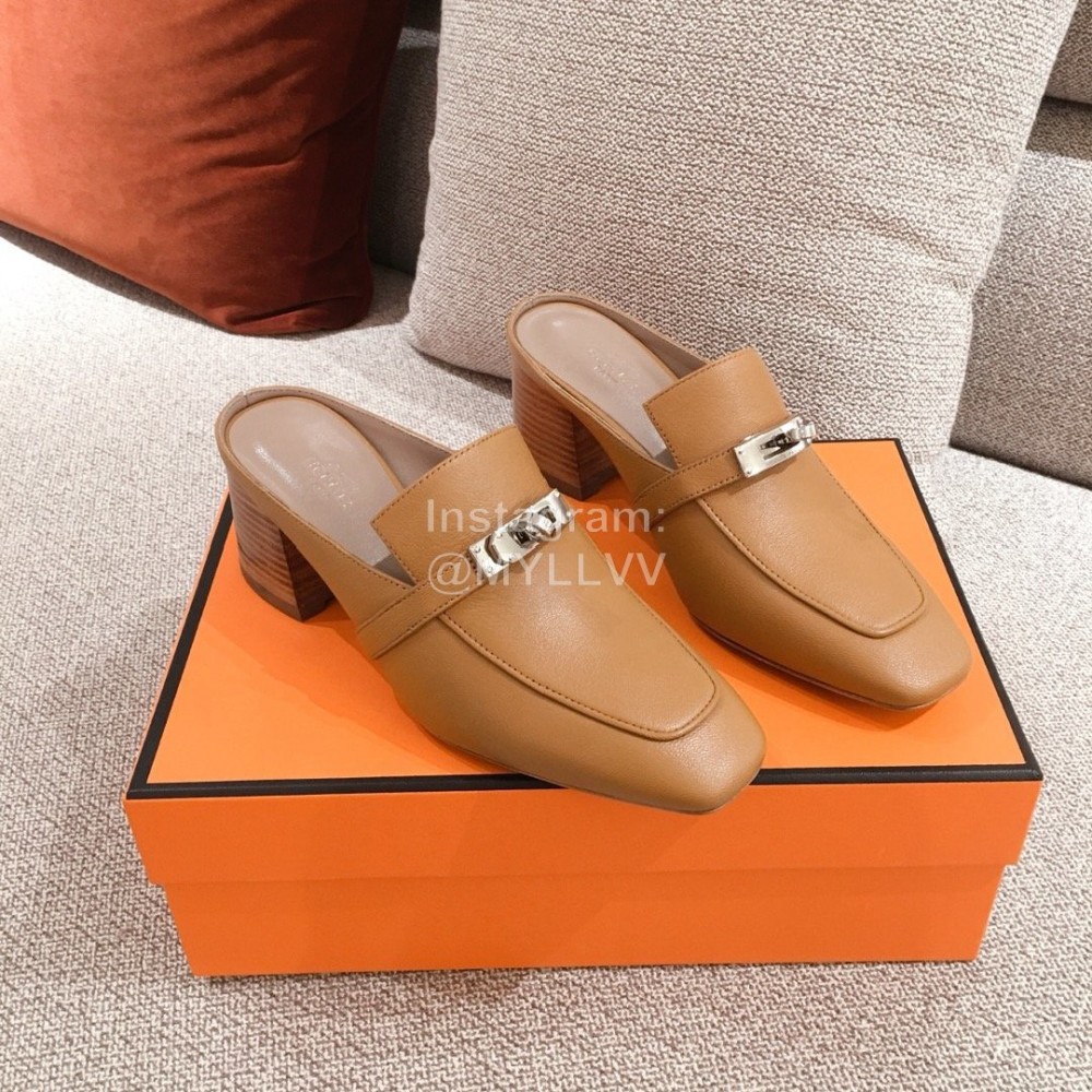 Hermes Autumn Winter Leather Muller High Heel Shoes Brown