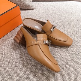 Hermes Autumn Winter Leather Muller High Heel Shoes Brown