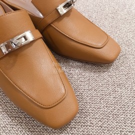 Hermes Autumn Winter Leather Muller High Heel Shoes Brown