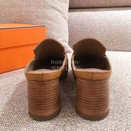 Hermes Autumn Winter Leather Muller High Heel Shoes Brown