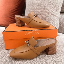 Hermes Autumn Winter Leather Muller High Heel Shoes Brown