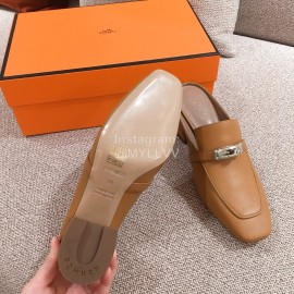 Hermes Autumn Winter Leather Muller High Heel Shoes Brown