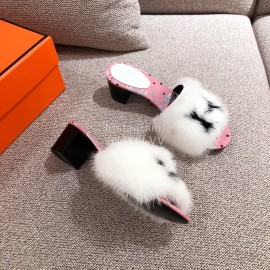 Hermes Autumn Winter Fashion Mink Hair Slippers White