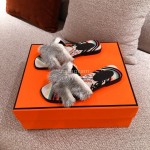 Hermes Autumn Winter Fashion Mink Hair Slippers Gray