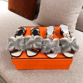 Hermes Autumn Winter Fashion Mink Hair Slippers Gray