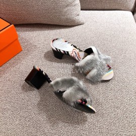 Hermes Autumn Winter Fashion Mink Hair Slippers Gray
