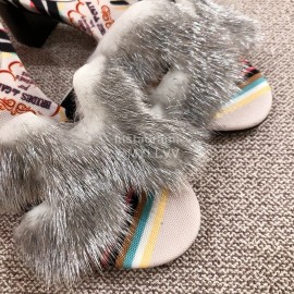 Hermes Autumn Winter Fashion Mink Hair Slippers Gray