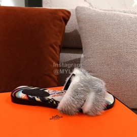 Hermes Autumn Winter Fashion Mink Hair Slippers Gray