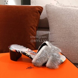 Hermes Autumn Winter Fashion Mink Hair Slippers Gray