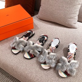 Hermes Autumn Winter Fashion Mink Hair Slippers Gray