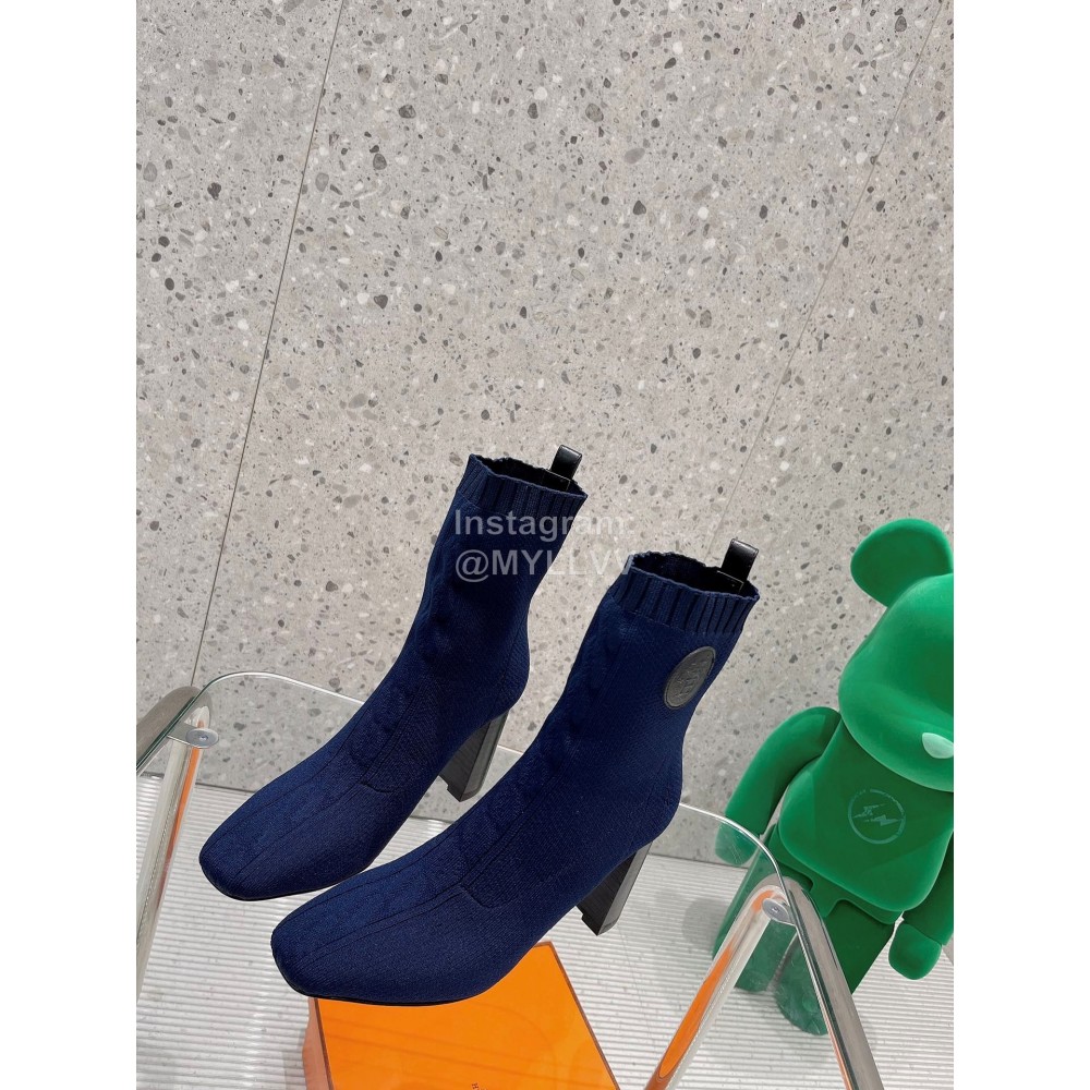Hermes Autumn Thick High Heeled Socks Boots For Women Navy