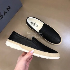 Hogan Lychee Pattern Cowhide Hemp Rope Sole Loafers For Men