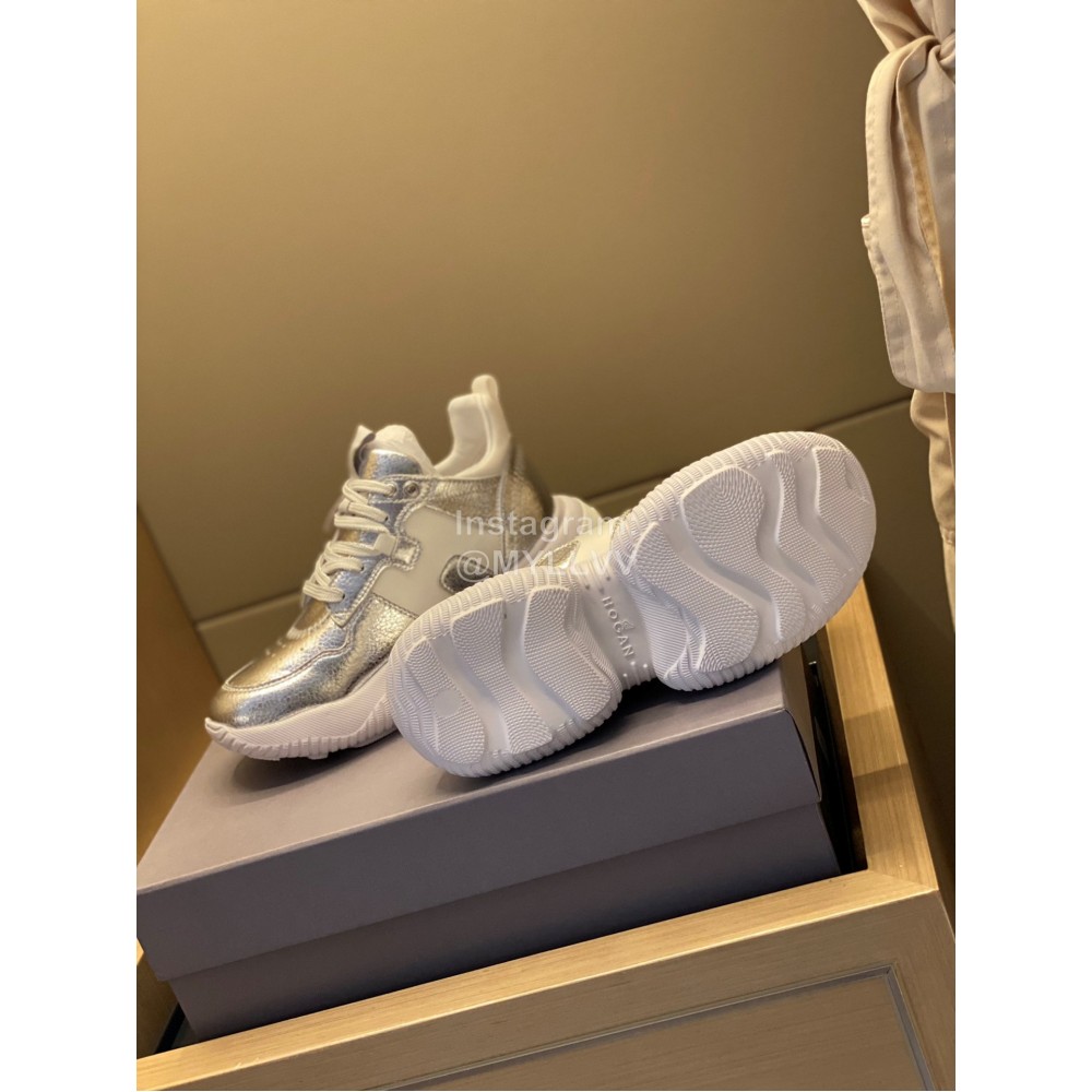 Hogan Fashion Cow Leather Thick Soled Sneakers For Women Silver