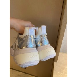 Hogan Fashion Cow Leather Thick Soled Sneakers For Women Silver