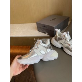 Hogan Fashion Cow Leather Thick Soled Sneakers For Women Silver