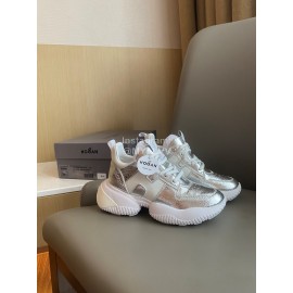 Hogan Fashion Cow Leather Thick Soled Sneakers For Women Silver