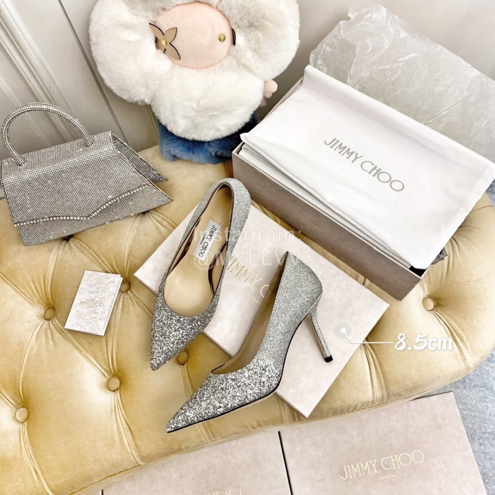 Jimmy Choo Fashion Crystal Powder Pointed High Heels For Women Silver