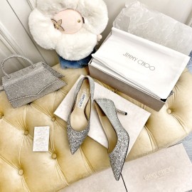 Jimmy Choo New Crystal Powder Pointed High Heels For Women Silver