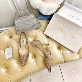 Jimmy Choo Fashion Crystal Powder Pointed High Heels For Women Gold